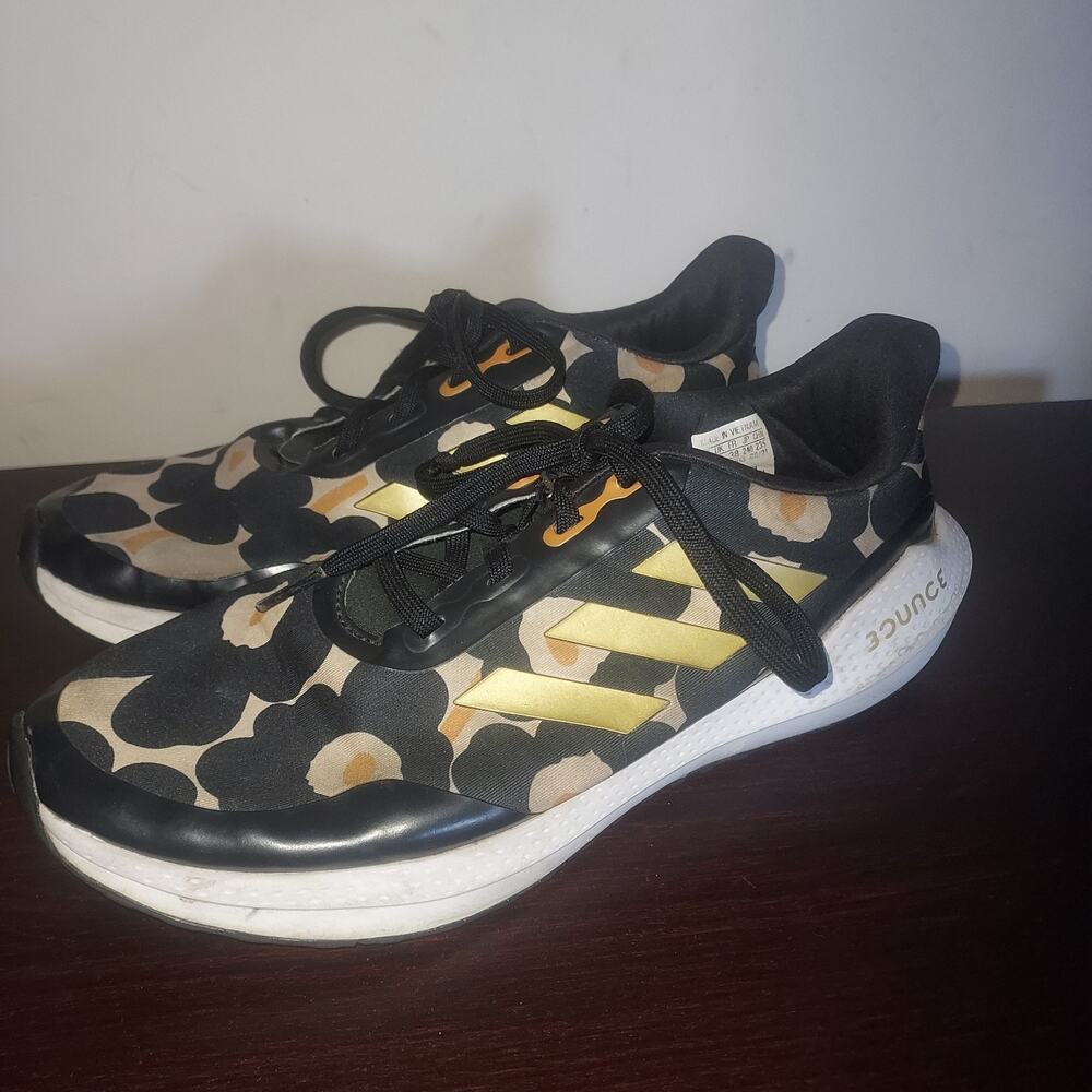 Adidas Womens Sneakers 5.5M Lace Up EQ21 Run Bounce Marimekko Flower Gold Black